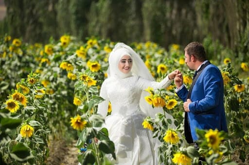 التقاط صور الزفاف في حقول دوار الشمس