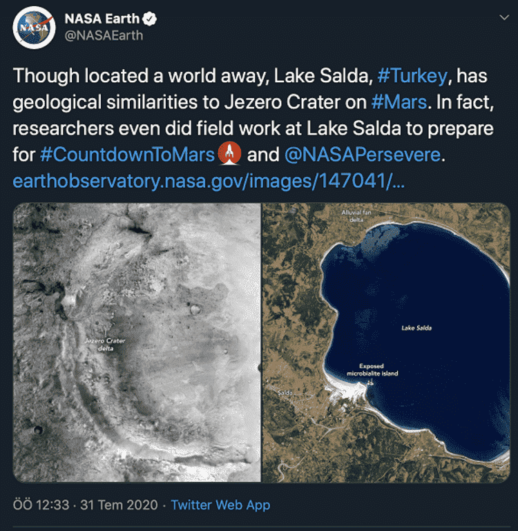 تغريدة ناسا - البحيرة التركية التي تشبه المريخ قبل مليارات السنين